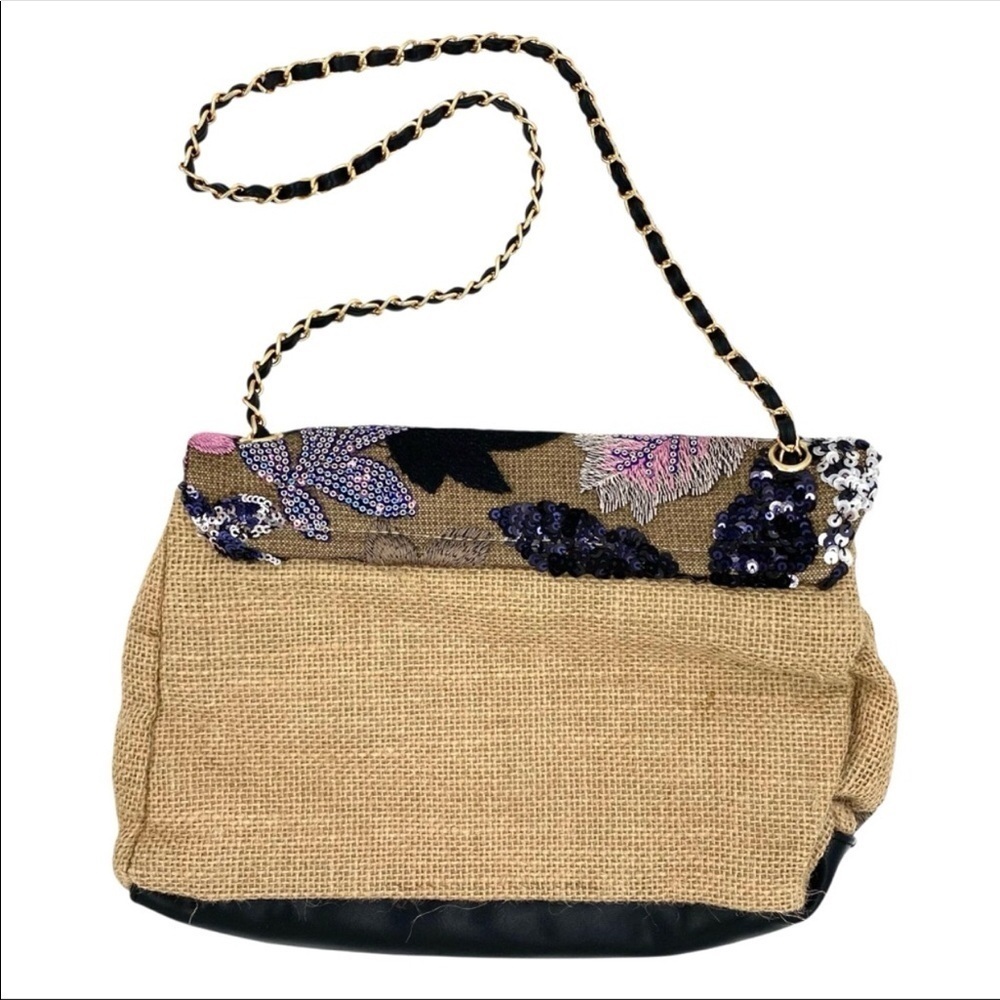 Floral Embroidered Sequin Woven Jute Clutch Shoulder Bag - Picture 9 of 15